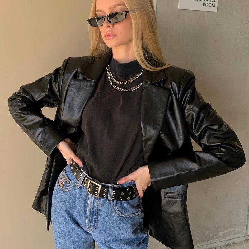 Women's Long Leather Jacket – Coat Cut, Faux Leather & Side Pockets