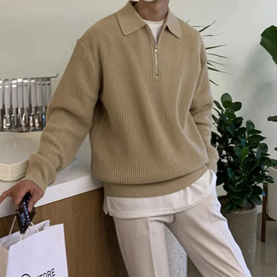 Herren Rippstrick-Pullover mit Kragen und kurzem Reißverschluss, XS–XL