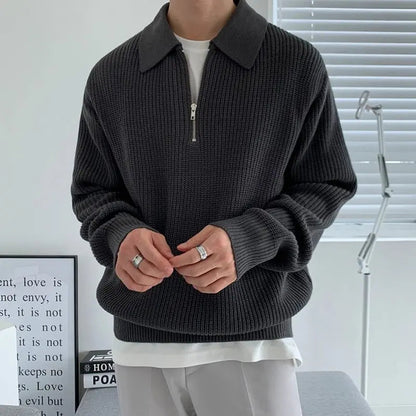 Herren Rippstrick-Pullover mit Kragen und kurzem Reißverschluss, XS–XL