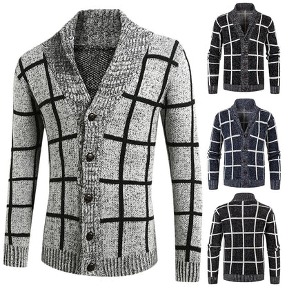 Karo-Strickcardigan mit Schalkragen, Knopfverschluss und langen Ärmeln