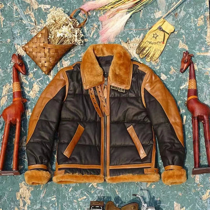 Men's Leather Bomber Jacket – Warm Lining, Ribbed Cuffs & Front Zip