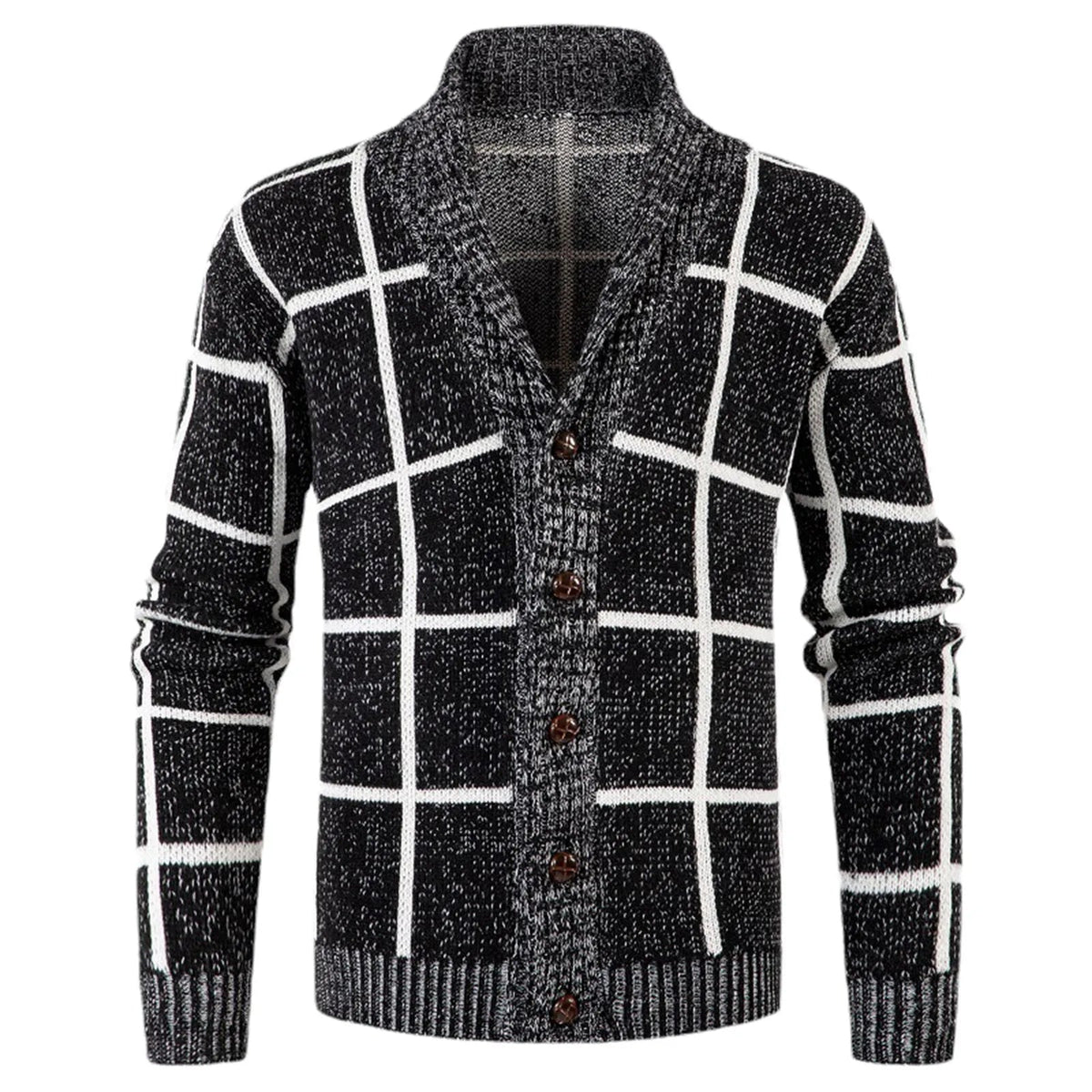 Karo-Strickcardigan mit Schalkragen, Knopfverschluss und langen Ärmeln
