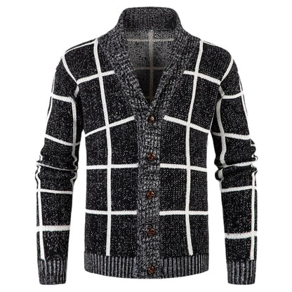 Karo-Strickcardigan mit Schalkragen, Knopfverschluss und langen Ärmeln