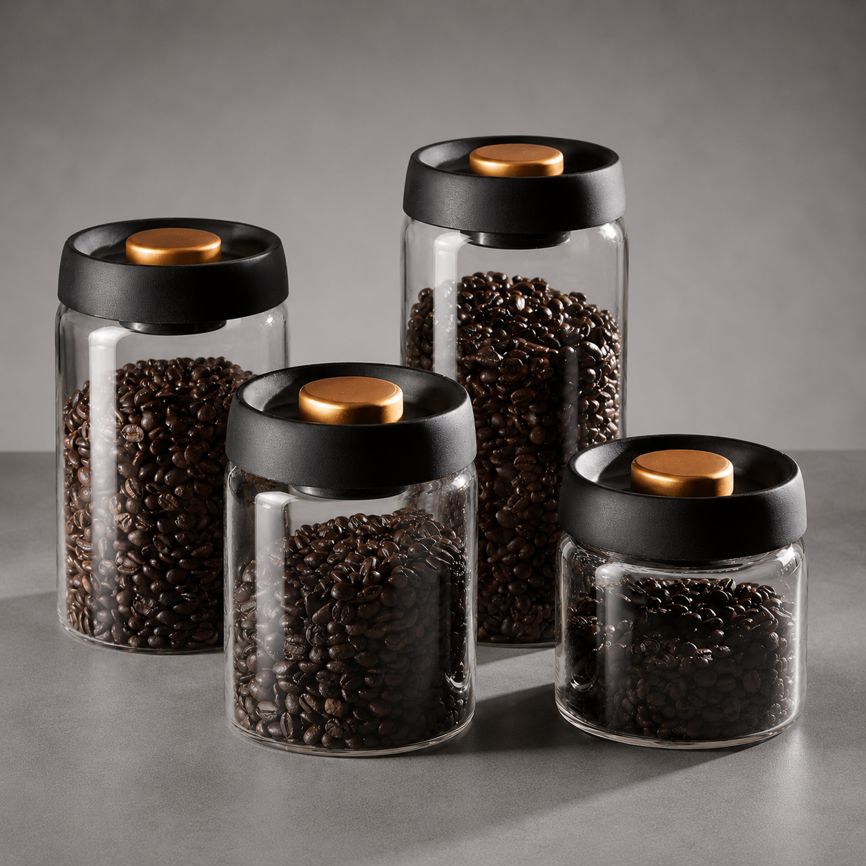 Vakuum-Kaffeedose aus Glas mit Schwarz-Gold-Deckel