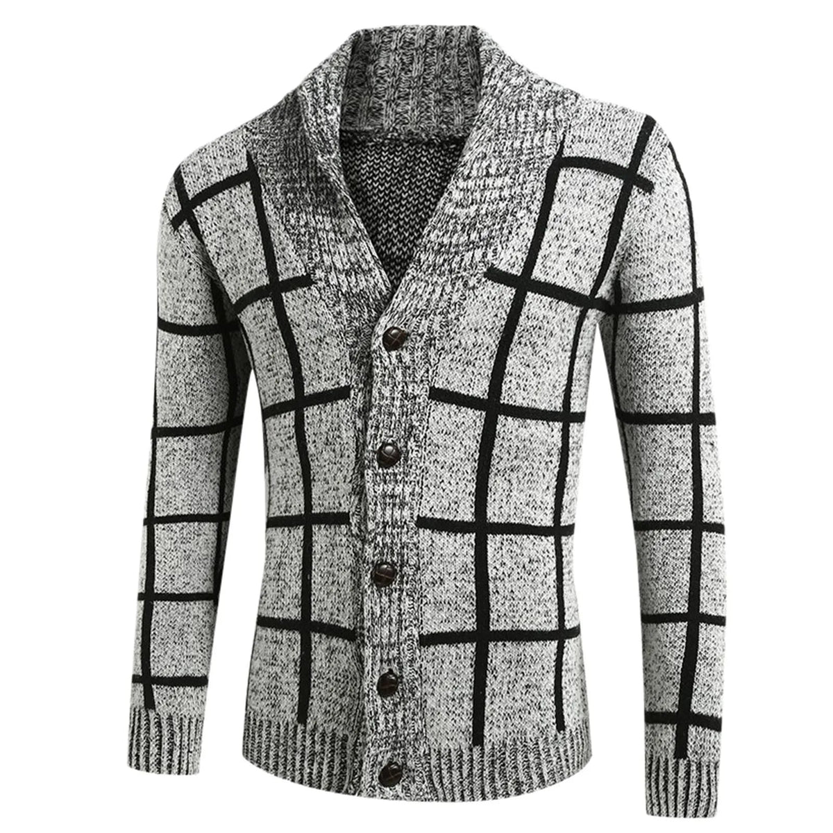 Karo-Strickcardigan mit Schalkragen, Knopfverschluss und langen Ärmeln