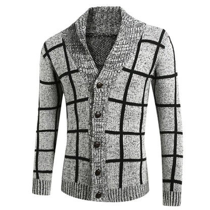 Karo-Strickcardigan mit Schalkragen, Knopfverschluss und langen Ärmeln