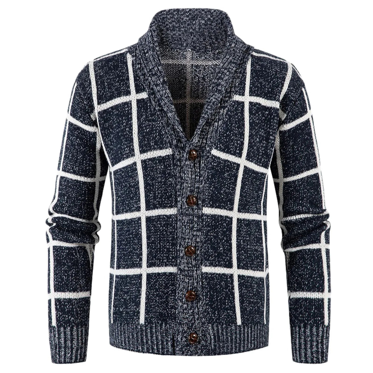Karo-Strickcardigan mit Schalkragen, Knopfverschluss und langen Ärmeln