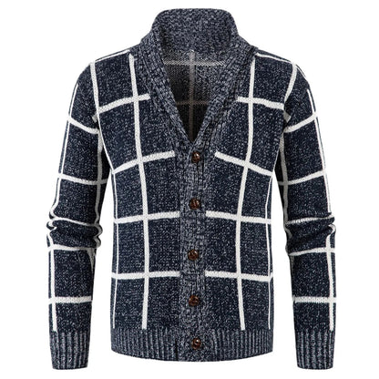 Karo-Strickcardigan mit Schalkragen, Knopfverschluss und langen Ärmeln
