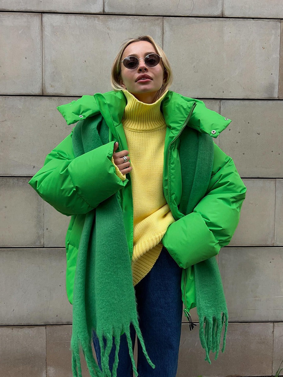 Damen lange Steppjacke mit Kapuze und Seitentaschen, Größen S–L