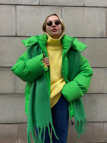 Damen lange Steppjacke mit Kapuze und Seitentaschen, Größen S–L