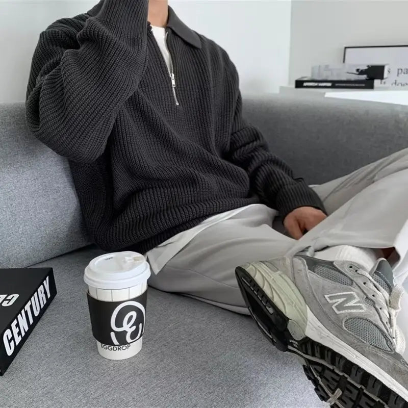 Herren Rippstrick-Pullover mit Kragen und kurzem Reißverschluss, XS–XL