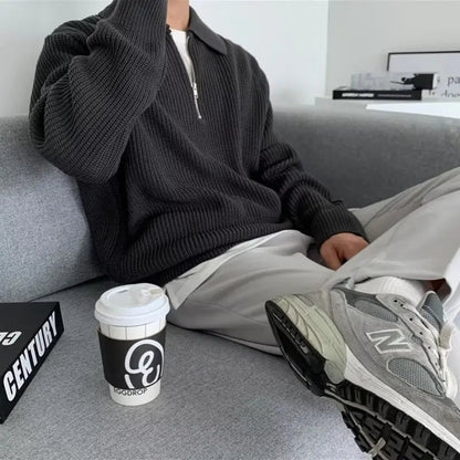 Herren Rippstrick-Pullover mit Kragen und kurzem Reißverschluss, XS–XL