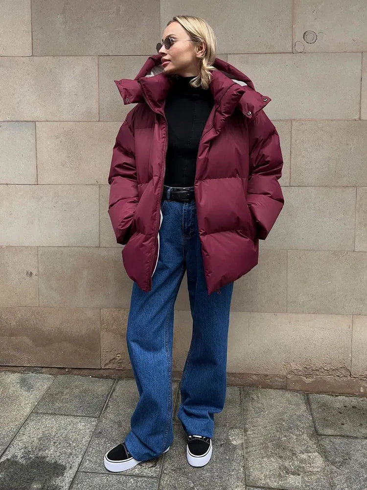 Damen lange Steppjacke mit Kapuze und Seitentaschen, Größen S–L