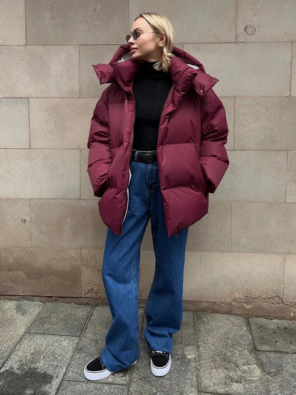 Damen lange Steppjacke mit Kapuze und Seitentaschen, Größen S–L