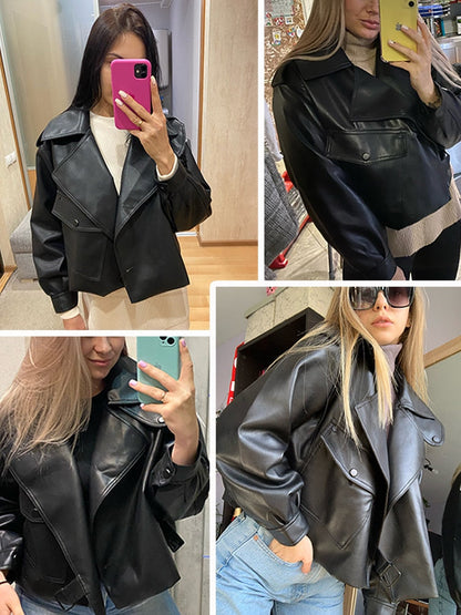 Women's Cropped Leather Jacket – Short Fit, Faux Leather & Zipper