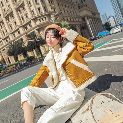 Women's Suede Jacket – Soft Velour Look, Turndown Collar & Side Pockets