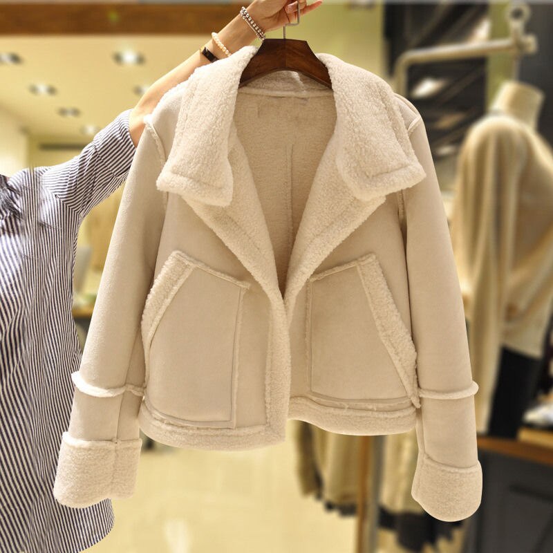 Women's Suede Jacket – Soft Velour Look, Turndown Collar & Side Pockets