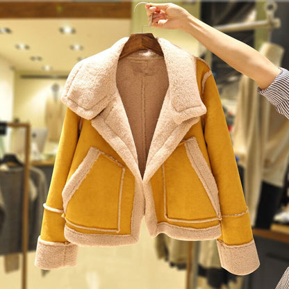 Women's Suede Jacket – Soft Velour Look, Turndown Collar & Side Pockets