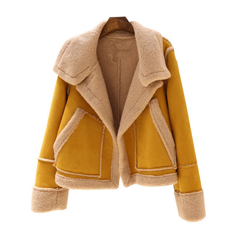 Women's Suede Jacket – Soft Velour Look, Turndown Collar & Side Pockets