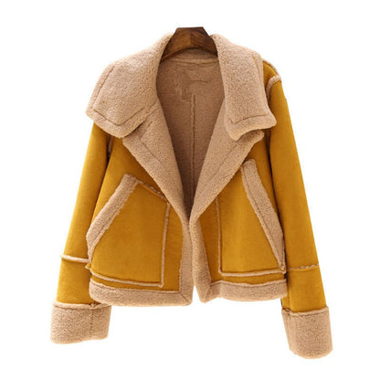 Women's Suede Jacket – Soft Velour Look, Turndown Collar & Side Pockets