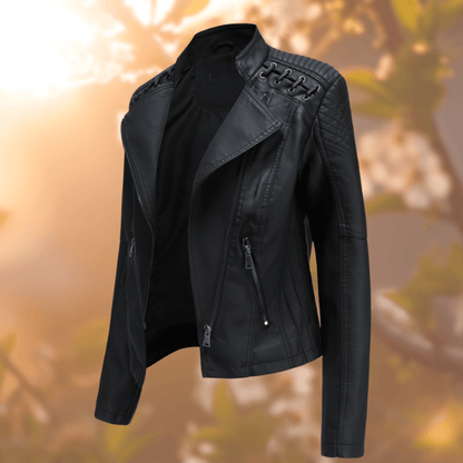 Women's Oversized Faux Leather Jacket – Fold-down Collar & Two Pockets