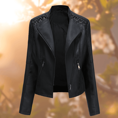 Women's Oversized Faux Leather Jacket – Fold-down Collar & Two Pockets