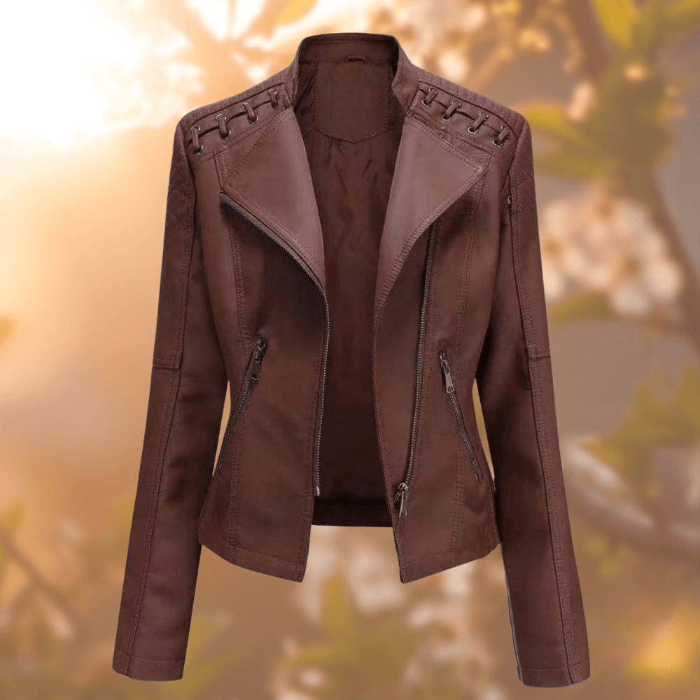 Women's Oversized Faux Leather Jacket – Fold-down Collar & Two Pockets