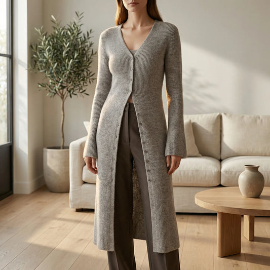 Damen Longline Cardigan mit V-Ausschnitt, Knopfleiste und Seitenschlitzen
