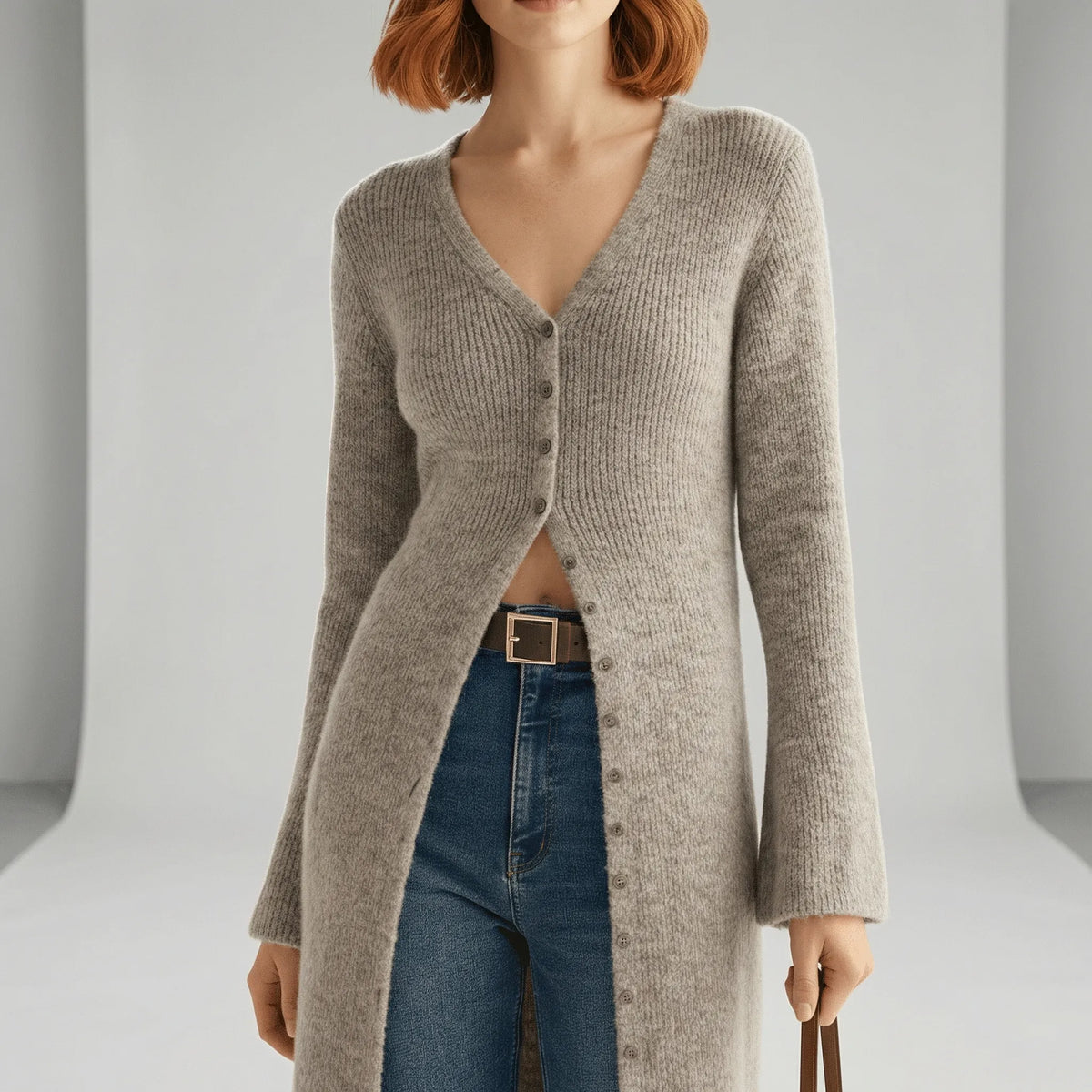 Damen Longline Cardigan mit V-Ausschnitt, Knopfleiste und Seitenschlitzen