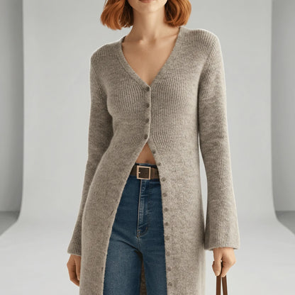 Damen Longline Cardigan mit V-Ausschnitt, Knopfleiste und Seitenschlitzen