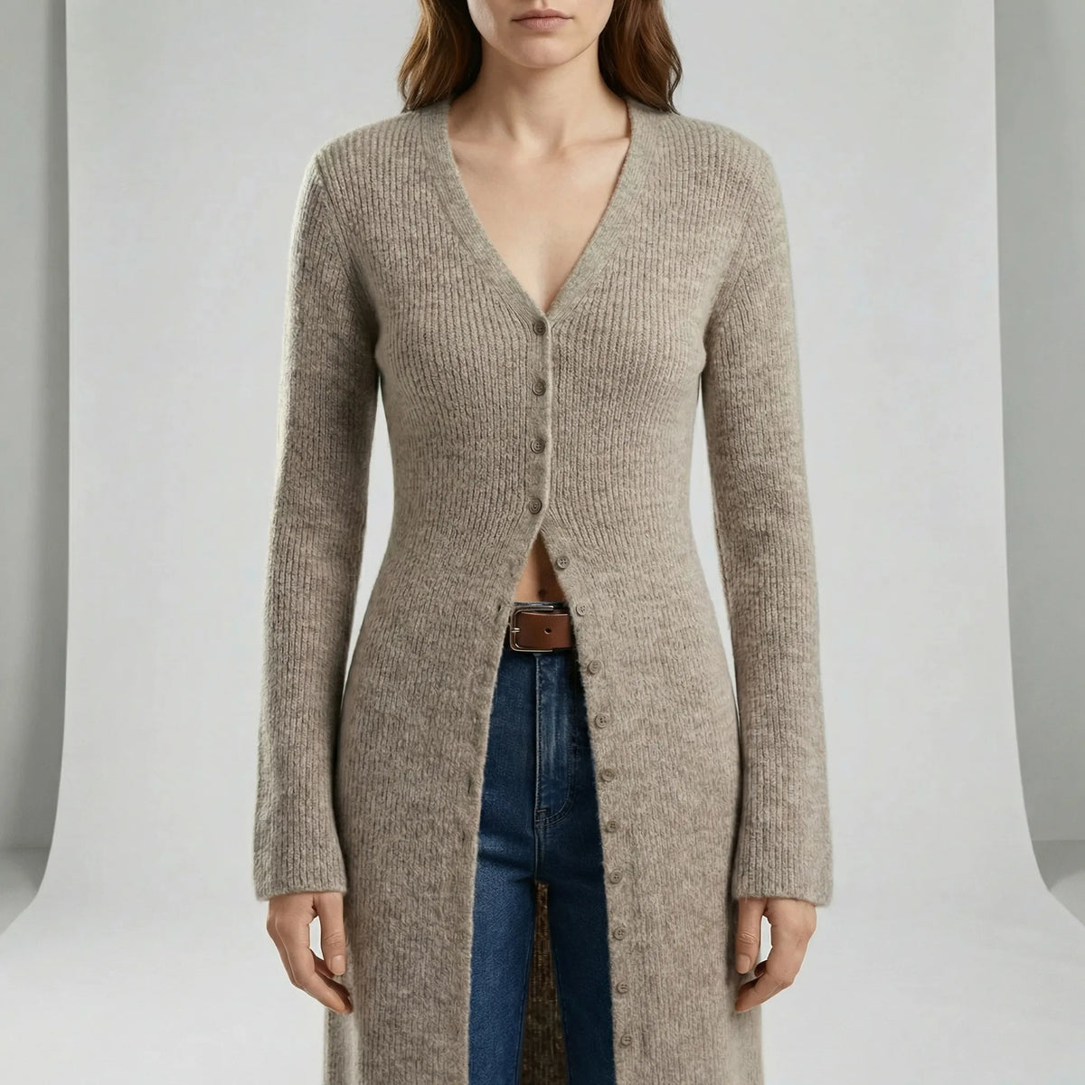 Damen Longline Cardigan mit V-Ausschnitt, Knopfleiste und Seitenschlitzen