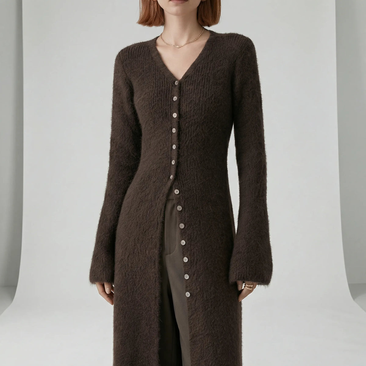Damen Longline Cardigan mit V-Ausschnitt, Knopfleiste und Seitenschlitzen