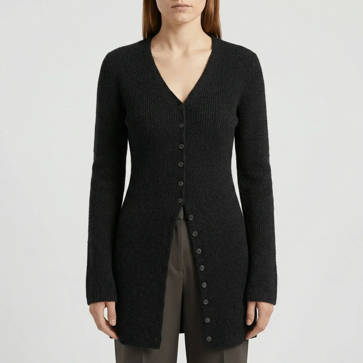 Damen Longline Cardigan mit V-Ausschnitt, Knopfleiste und Seitenschlitzen