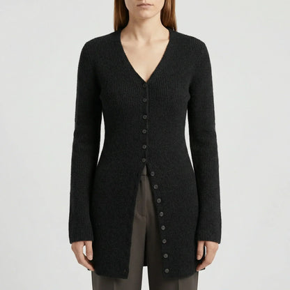 Damen Longline Cardigan mit V-Ausschnitt, Knopfleiste und Seitenschlitzen