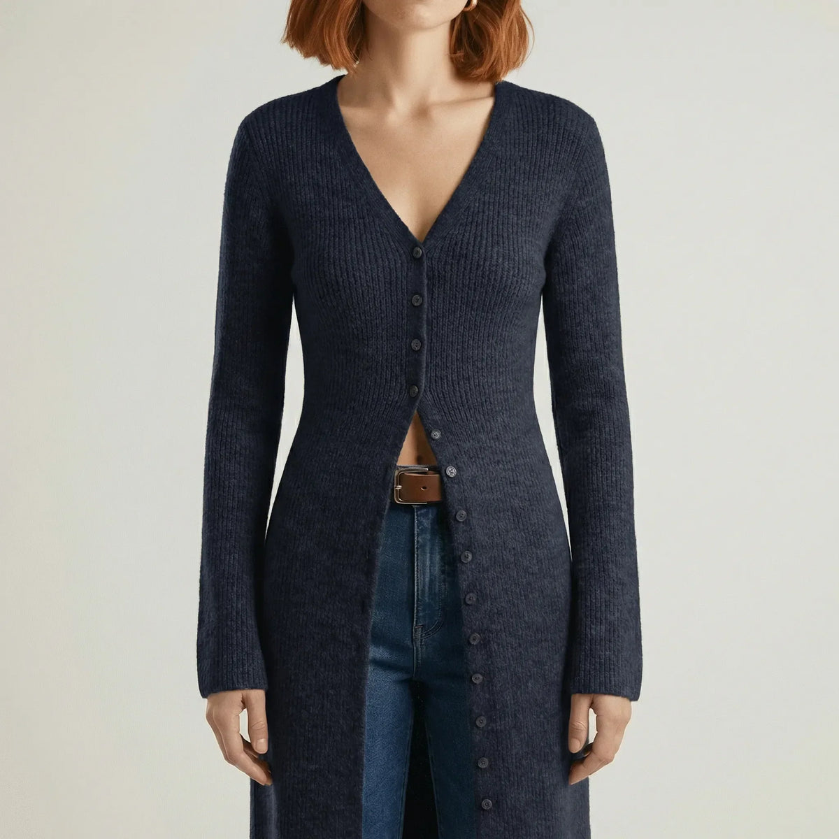 Damen Longline Cardigan mit V-Ausschnitt, Knopfleiste und Seitenschlitzen