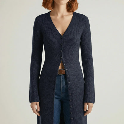 Damen Longline Cardigan mit V-Ausschnitt, Knopfleiste und Seitenschlitzen