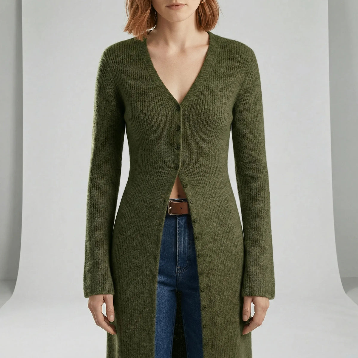 Damen Longline Cardigan mit V-Ausschnitt, Knopfleiste und Seitenschlitzen