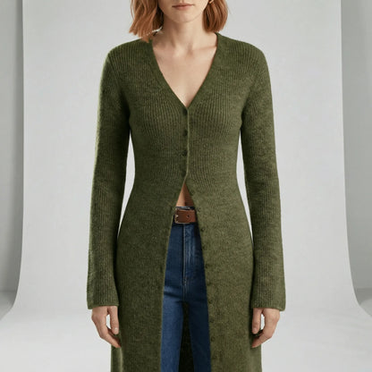 Damen Longline Cardigan mit V-Ausschnitt, Knopfleiste und Seitenschlitzen