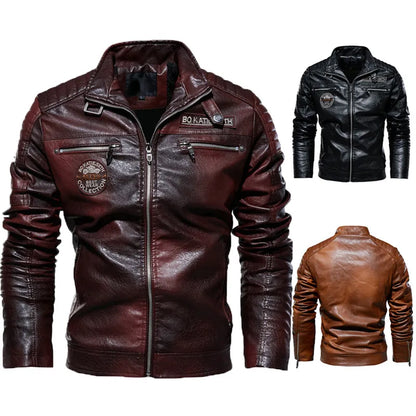 Men's Casual Leather Jacket – Warmly Lined, Turndown Collar & Side Pockets