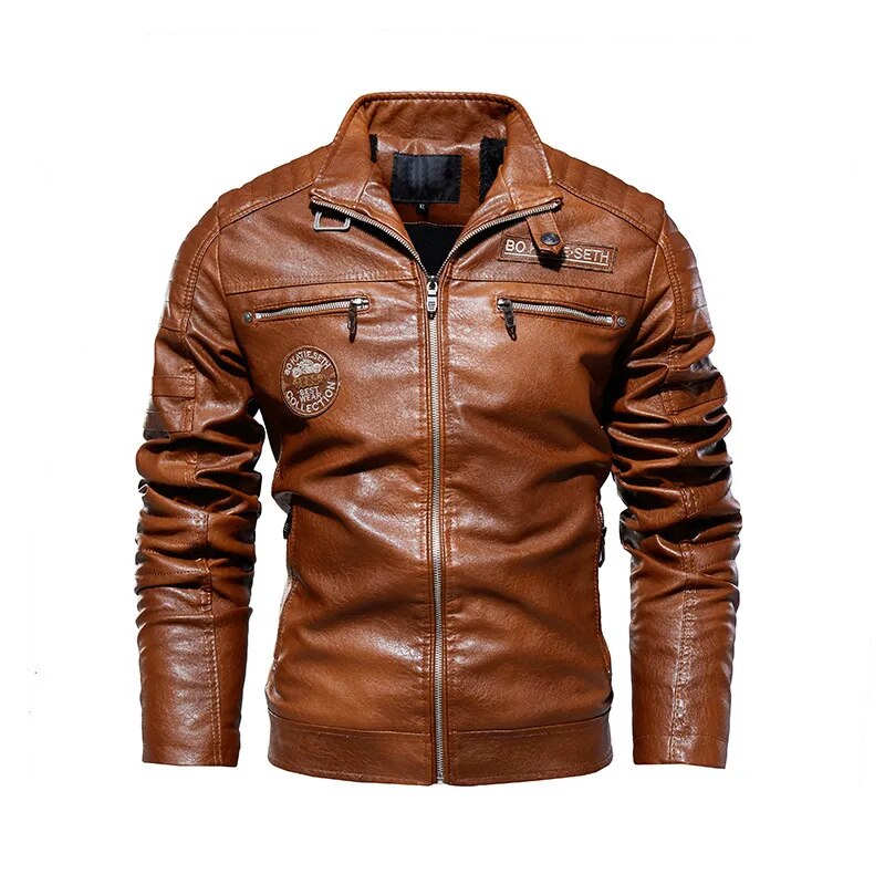 Men's Casual Leather Jacket – Warmly Lined, Turndown Collar & Side Pockets