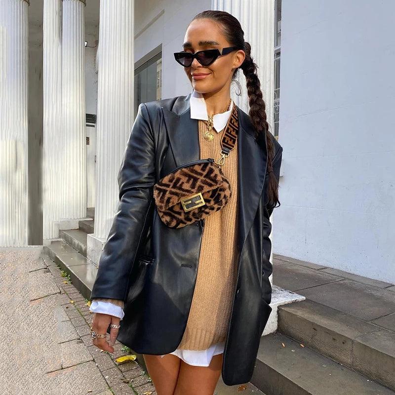 Women's Long Leather Jacket – Coat Cut, Faux Leather & Side Pockets