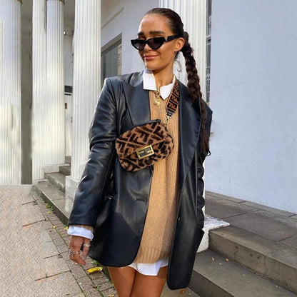 Women's Long Leather Jacket – Coat Cut, Faux Leather & Side Pockets