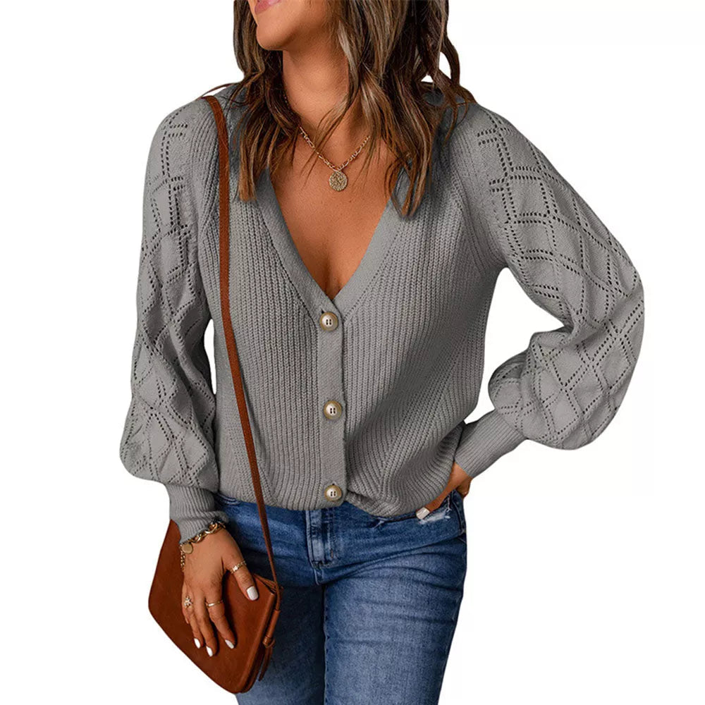 Damen Strickjacke mit V-Ausschnitt, Knopfleiste und strukturierten Ärmeln