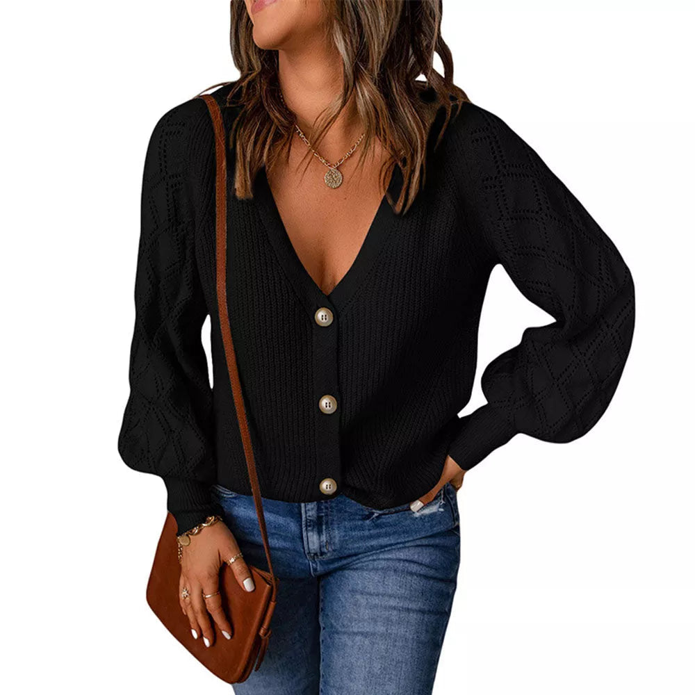 Damen Strickjacke mit V-Ausschnitt, Knopfleiste und strukturierten Ärmeln