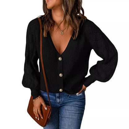 Damen Strickjacke mit V-Ausschnitt, Knopfleiste und strukturierten Ärmeln