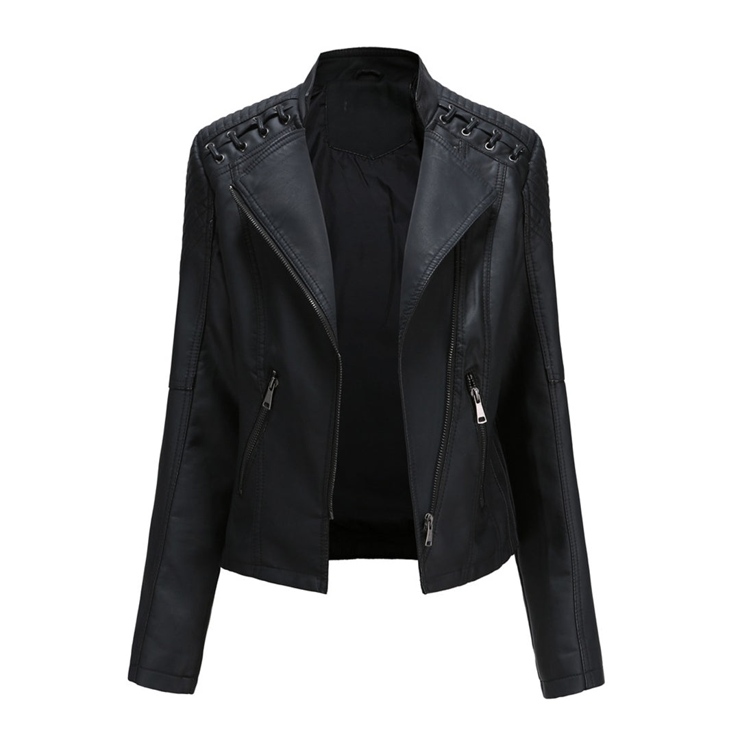 Faux Leather Jacket Women – Stand-up Collar, Front Zipper & Slim Fit