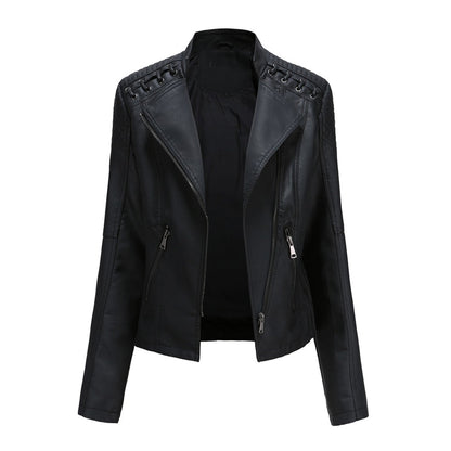 Faux Leather Jacket Women – Stand-up Collar, Front Zipper & Slim Fit