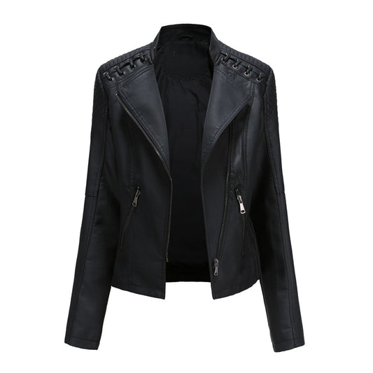 Kunstlederjacke Damen – Stehkragen, Frontreißverschluss & Schmale Passform