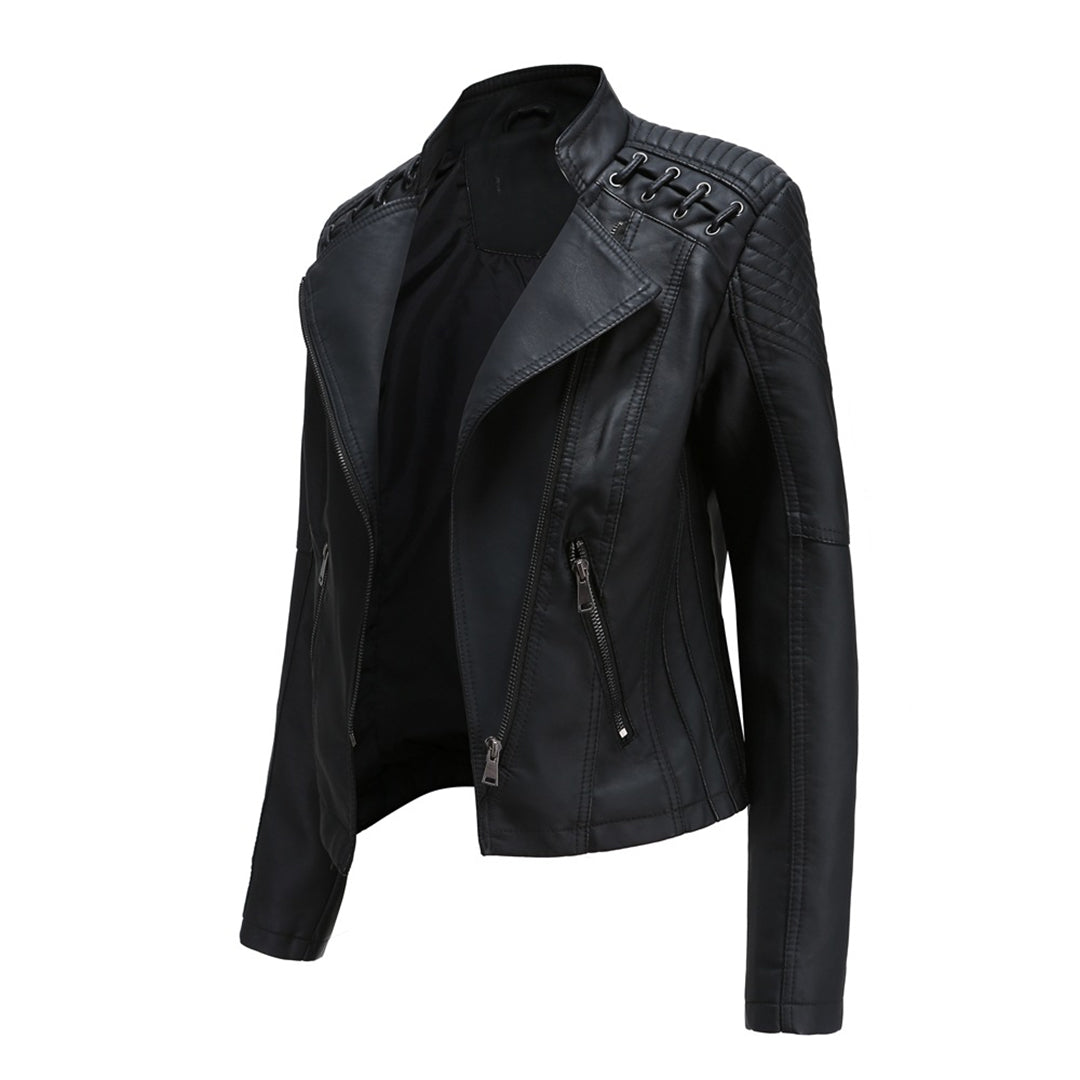 Faux Leather Jacket Women – Stand-up Collar, Front Zipper & Slim Fit