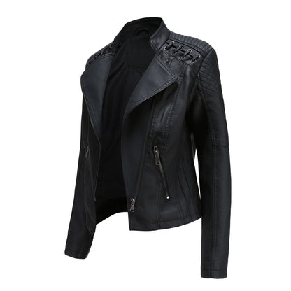 Faux Leather Jacket Women – Stand-up Collar, Front Zipper & Slim Fit